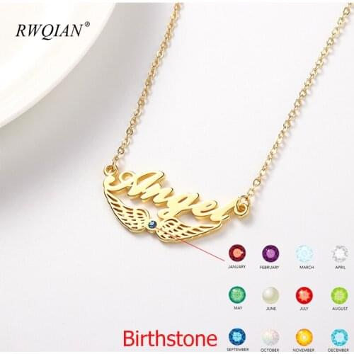 Personalized Name Birthstone Necklace Angels Wings Pendant Custom Name Necklaces For Women Men Gold Stainless Steel Chain Choker