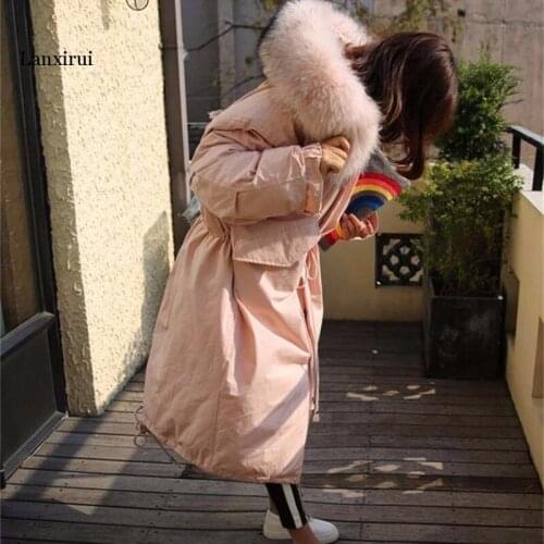 Winter Big Fur Collar Down Parka Coat Women New Bright Down Cotton Coats Female Long Warm Down Overcoat Women Slim Jackets