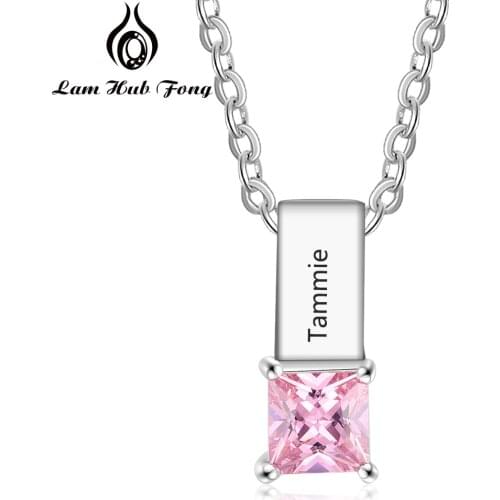 Personalized Bar Necklaces with Birthstone Pink Stone Necklace Anniversary Birthday Jewelry Gift for Women (Lam Hub Fong)