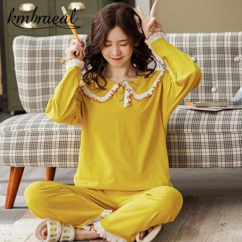 Pajamas Set Women Long Sleeve lace Sleepwear Pure Cotton Autumn Homewear Two Piece Set Sweet Home Clothes Female Plus Size 3xl