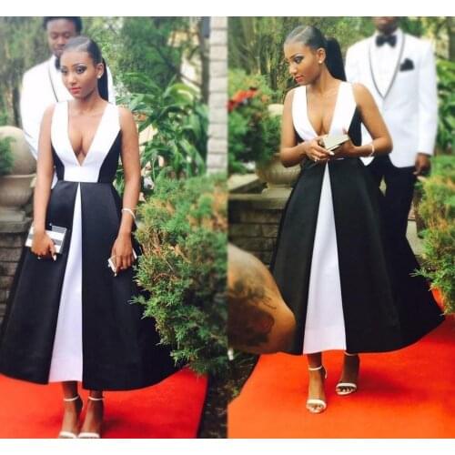 African A Line Black White Prom Dresses Deep V Neck Tea Length Evening Gowns Backless Dress Gowns Party Wear robes de soirée