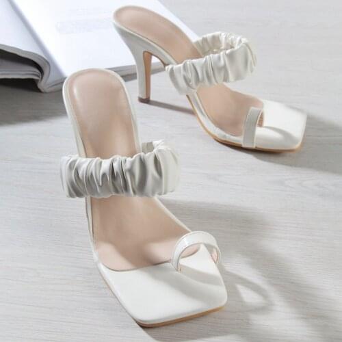 Meotina Slippers Women Pleated Mid Heel Shoes Square Toe Block Heels Slides Female Summer Sandals Ladies White Large Size 35-42