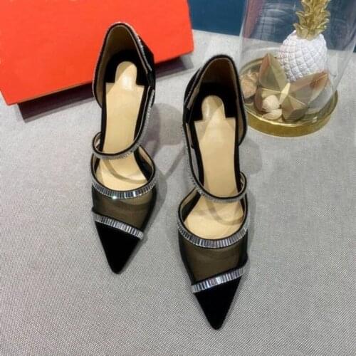 Summer Sexy Lady Fashion Women Shoes Black Mesh Lace Crystal Pointy Toe Stiletto Stripper High Heels Zapatos Mujer Prom Evening