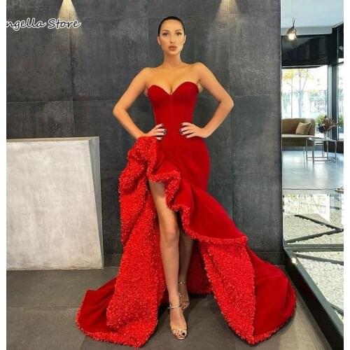 Sexy Red Mermaid Prom Dresses Ruffles Side Slit Sweetheart Formal Evening Gowns vestido de novia Special Occasion Dress