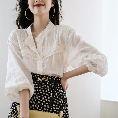 GypsyLady 100% cotton Vintage Chic Shirt Blouse french White Autumn Chic Women Shirts Blouse Lantern Sleeve lace OL Ladies Shirt