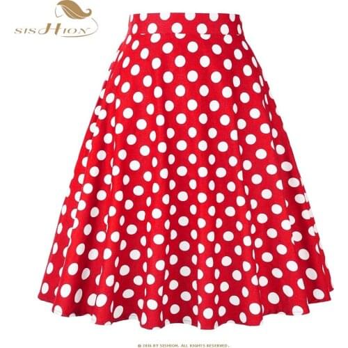 SISHION Cotton Polka Dot Summer Skirt 2021 High Waist Women Cotton Red with White Dots Swing Retro Vintage Midi Skirts VD0020