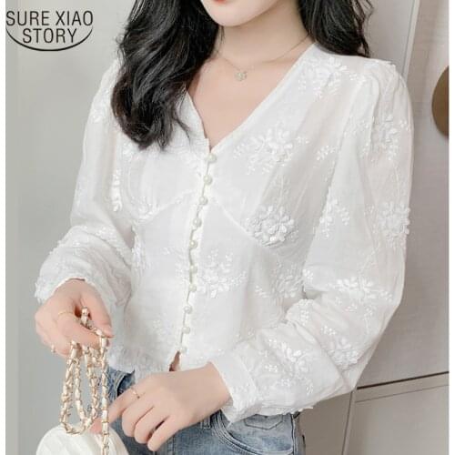 V-neck Puff Sleeve 2021 Autumn New White Embroidery Blouse Retro High Waist Short Lace Shirt Women Blusas Mujer De Moda 10536