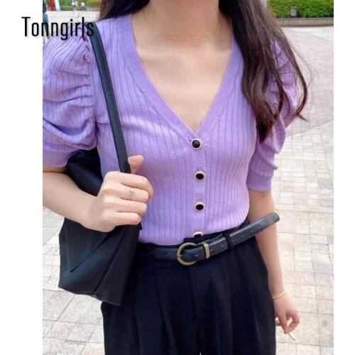 Tonngirls Vintage T-shirt Women Short Sleeve Knit Tshirt V Neck Streetwear Tee Shirt Femme Casual Knitted Tshirt Female Summer