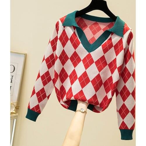 New Argyle Sweater Women Fashion V Neck Long Sleeve Vintage Womens Knitted Sweaters Women Pullover Knit Jumper Mujer Pull Femme
