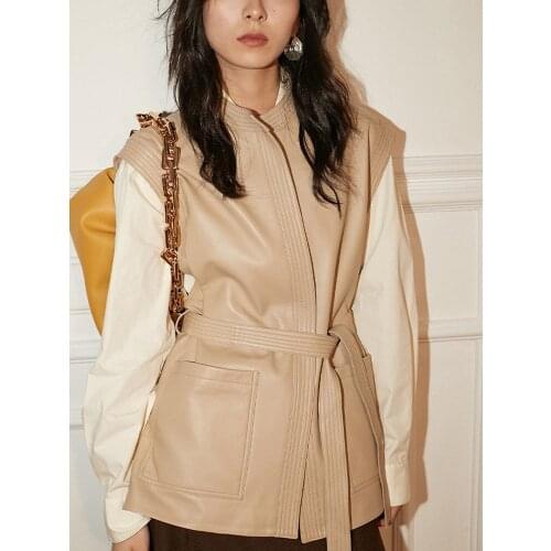 2021 Fashion High Quality Spring Womens Ladys Thin Real Sheepskin Leather Women Slim Genuine Leather Sleeveless Vest Waistcoat