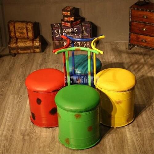 Retro Iron Art Bar Chair With Large Storage Space Round Creative Oil Barrel Shape Design Simple Modern Bar Chair With Backrest