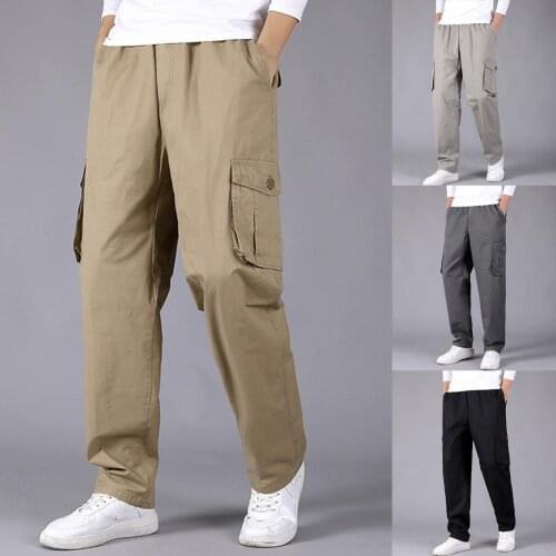 High Quality Cargo Pants Men Straight Leg Pure Color Loose Pants Casual Mid-rise Man Pants Fashions Black Army Trousers for Home