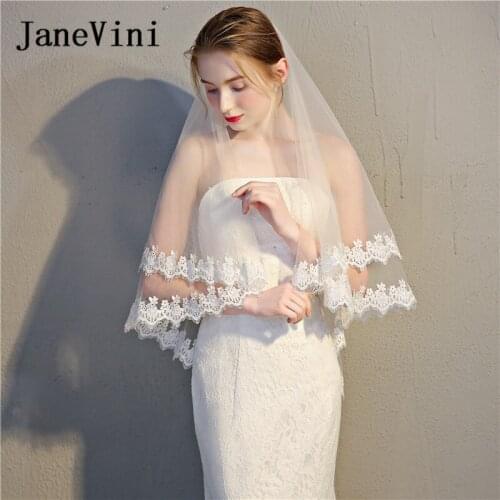 JaneVini Simple Voile Bridal Veil Short Wedding Veils With Comb Two Layers Lace Edge Beige Elbow Length Veil Bride Accessories