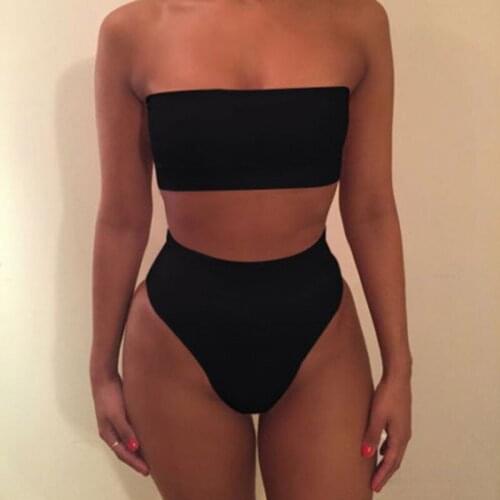 Summer Bikinis Sexy Set Solid Nylon Wire Free Low Waist Color Tube Top Split Two-piece Women Swimwear