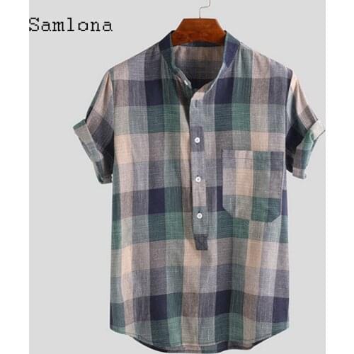 Samlona Plus Size 3xl Men Shirt Linen Tops Sexy Men clothing 2021 Summer Casual Pullovers Single-breasted Mens Plaid Blouse
