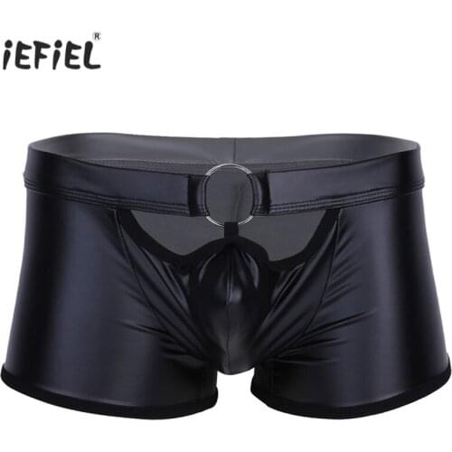 IEFiEL Gay Men Lingerie Sissy Panties Sex Underwear Bulge Pouch Faux Leather Boxer Shorts Underwear Exotic Underpant with O-Ring