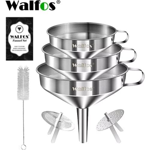 WALFOS Stainless Steel Funnel Kitchen Set 3 Pack With Cleaning Brush And Removable Strainer Filter For Transferring Of Liquid
