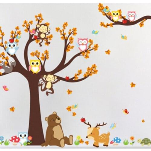 Cute Cartoon Forest Tree Branch Animal Owl Monkey Bear Deer Wall Stickers Rooms Boys Girls Children Bedroom Home Decor