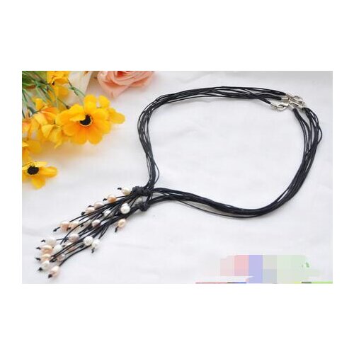 20" white pink rice freshwater pearl black leather necklace