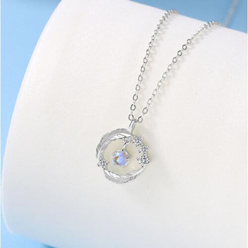 925 Sterling Silver Moonstone Feather Pendant Necklace for Women Jewelry Gift Wholesale