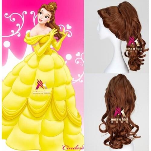 Movie Belle Beauty And The Beast Natural Long Body Wave Clip Brown Princess Synthetic Cosplay Wig For Halloween Party+wig cap