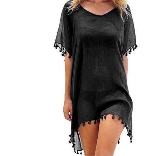 Sexy V-neck Tassels Beach Wear Women Swimsuit Cover Up Swimwear Bathing Suits Summer Mini Dress Loose Solid Cover Ups