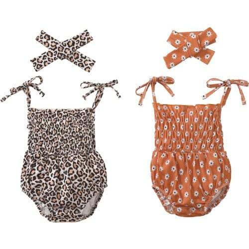 Lovely Summer Newborn Infant Girls Romper Princess Girls Leopard Flower Print Cotton Romper Jumpsuits Headband Outfits