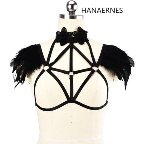 HANAERNES sexy costumes fetish angel costume bondage hood mask Sexy Black feather Body Harness Bondage Womern Erotic Lingerie