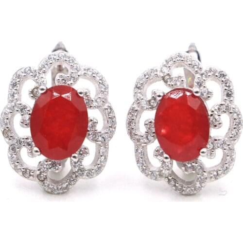 17X14mm SheCrown Romantic Real Red Ruby White CZ Gift For Ladies Silver Stud Earrings