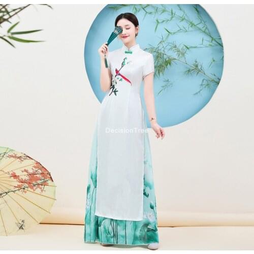 2021 ao dai vietnam traditional long dress women short sleeve vintage cheongsam novelty robe flower print elegant party dress