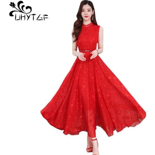 UHYTGF Beach long dresses fashion sleeveless chiffon summer dress red white elegant dresses temperament womens bandage dress 847