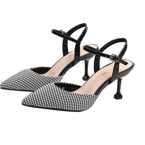 Mixed color houndstooth womens shoes summer plaid pointed toe buckle pumps sandals shallow thin heels zapatos mujer sling back