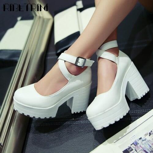 Female Punk Goth Round Toe Thick Heels Ankle Strap Platform Women Pumps Spring Fall Leisure Casual Black Shoes for Women