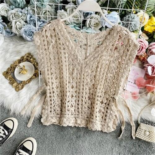 Spring Summer Hollow Out Crochet Vest Women Sleeveless Waistcoat Crop Top Boho Beach Knit Vests Female Pullover