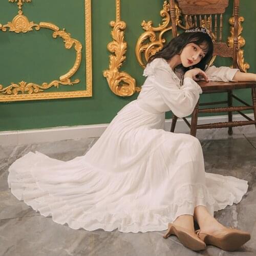 Large Size White Long Dress Elegant Lady Vintage Square Collar Lace Lantern Sleeve Ruffles Bottom Retro Fairy Princess Dresses