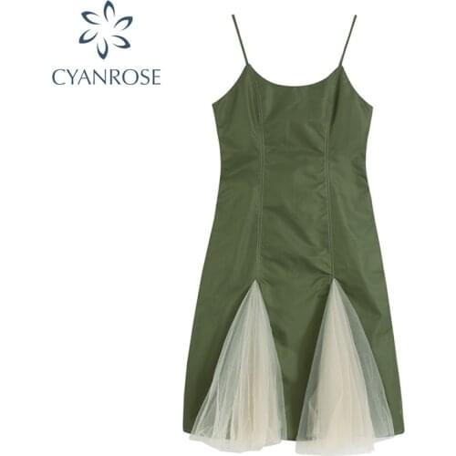 French Vintage Green Suspender Women 2021 Summer Stylish Mesh Patchwork Holiday Partywear Adjustable Shoulder Ladies Dresses