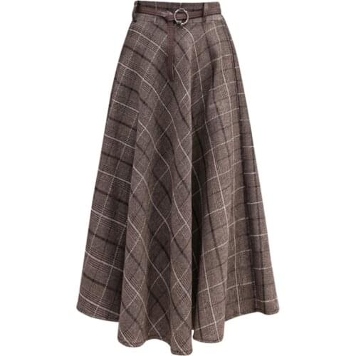 Neophil 2020 Winter Women Plaid Wool Midi Skirts Pleated Sashes England Style Vintage Warm A-Line Skirt Faldas Mujer Moda S9932