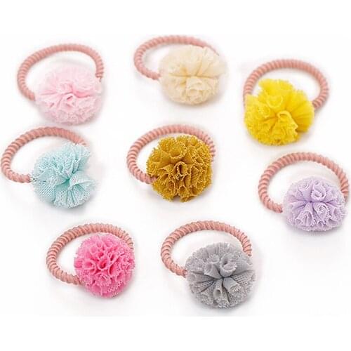 2pc/set Cute Kids' Lace Pom Pom Hair Tie Little Girl Colorful Ball Pompom Mini Elastic Hair Band HT094