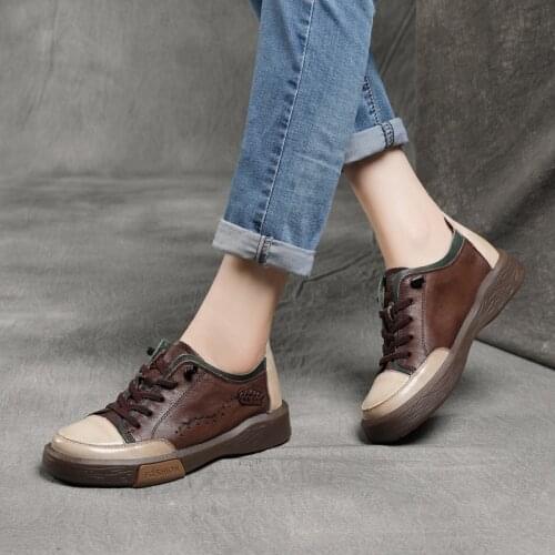 2021 Spring Festival Leather Casual Shoes Thick-soled Single Shoes Cowhide Art Retro Color-blocking Soft-soled Womens Shoes