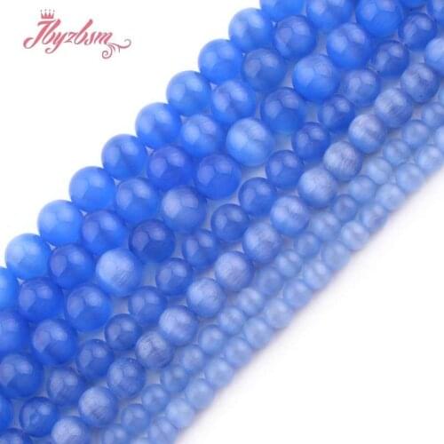 6,8,10mm Smooth Blue Round Cat Eye Loose Beads Ball Natural Stone Beads For DIY Necklace Bracelat Jewelry Making Strand 15"