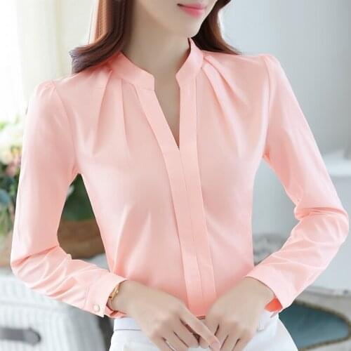 Blusas Mujer De Moda 2021 V-neck Office Ladies Tops Solid Pink Blouse Women Long Sleeve Women Shirts Womens Tops And Blouses A33