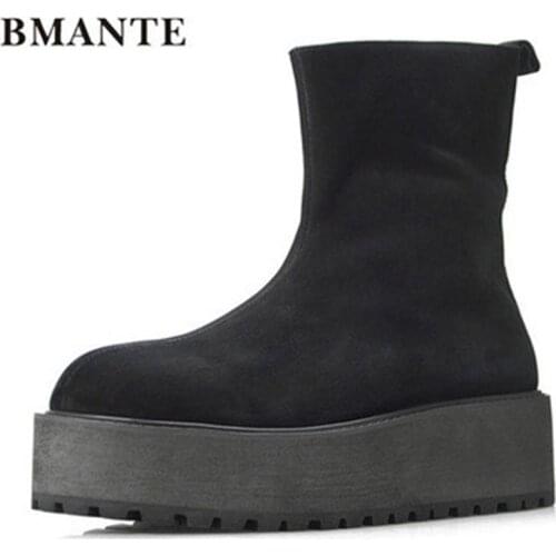Bmante Genuine Leather Suede Men Ankle Snow Boots Increased Thick Bottom Zipper Male Adult Shoes Trainers Sneaker Japanese Style