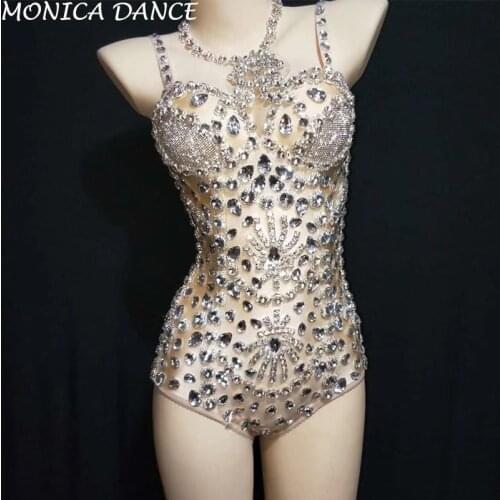 Women Sexy Bright Silver Rhinestones Bodysuit Big Stones Birthday Celebrate Evening Outfit Nightclub Singer Dancer Show Bodysuit