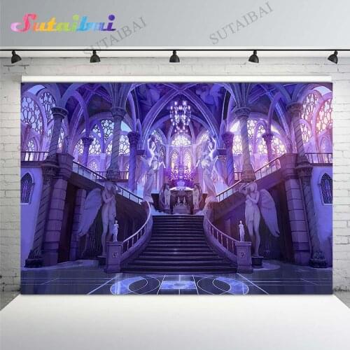 Ballroom Banquet Hall Backdrop Purple Palace Background Medieval Castle Statue Girl Princess Birthday Party Photo Booth Studio