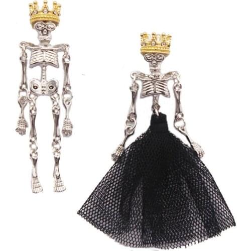 Gothic Punk Wedding Couple Skull Earrings Black Dress Crown King Queen Asymmetric Skull Drop Earrings Skull Jewelry