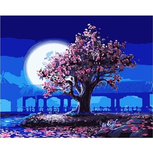 Paint By Number for Adults Beginner,Moon and Peach Blossom Paintworks on Canvas for Home Decor(Without Frame),20X16 Inch
