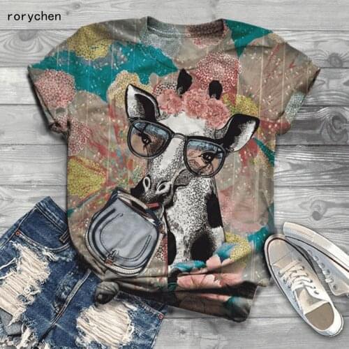 Rorychen 2020 Summer 3D Animal Printed T-Shirt Women Colorful Cattle Printed O-Neck Tops Tee Plus Size Casual T-Shirt Tops A611