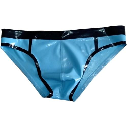 Natural Latex Men Briefs Sky Blue And Black Trims Male Rubber Panties Shorts Lingerie Handmade RLPM076