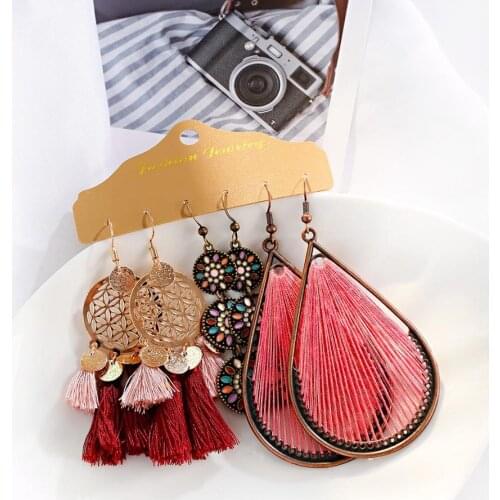 Retro Bohemian Style Earrings 3-Piece Set Fan Drop Shape Pendant Round Alloy Geometric Pattern Earring Set 2020 Jewelry Gift