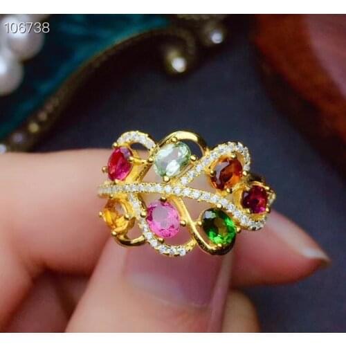 Natural real tourmaline flower ring Free shipping 925 sterling silver gemstone Fine jewelry
